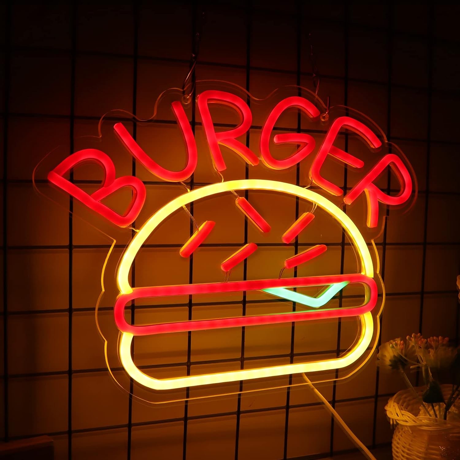 burger osvetlitev neonski napis logotip na steni
